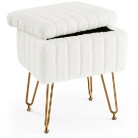 Vanity Stool Chair with Storage, Ottoman Faux Fur Soft Padded Makeup Footstools Seat with 4 Metal Legs Anti-Slip Adjustable Feet Modern (Option: White)